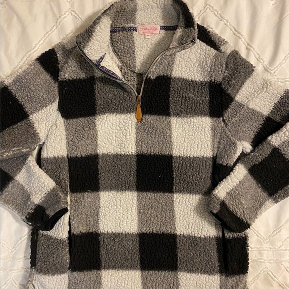 Pink Lily Tops - Pink Lily Black/White Buffalo Check Fleece Quarter Zip
